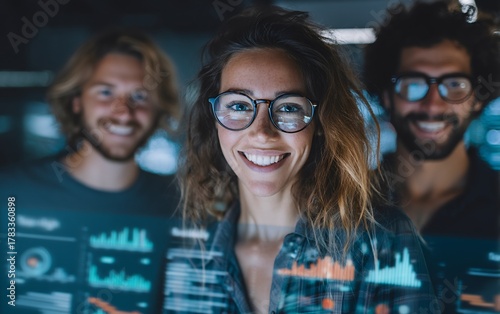 Woman smiling with a man in the background while analyzing ai-driven analytics together