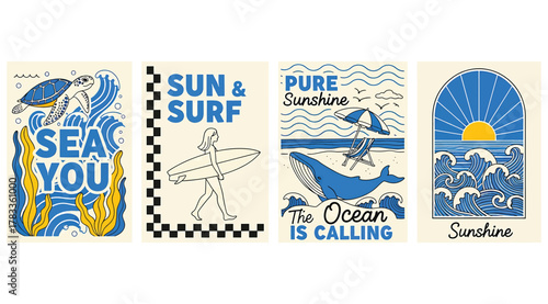 A collection of four retrostyle graphic designs featuring ocean and surf themes, including turtles, surfers, and whales, with bold blue and yellow color palettes and playful typography
