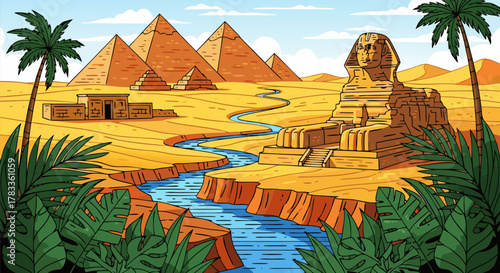 Cartoon illustration of ancient Egypt with pyramids, sphinx, and river, landscape scenery