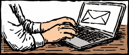 ノートパソコンでメールを送信する人の手元をクローズアップしたベクターイラスト