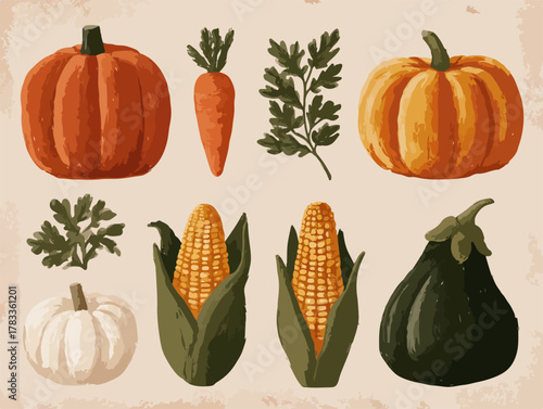 秋の収穫を祝う、かぼちゃ、ニンジン、トウモロコシ、ナスなどの野菜のベクターイラスト。