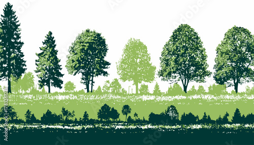 様々な種類の木々が重なり合う、緑豊かな森の風景を表現したベクターイラストレーション。