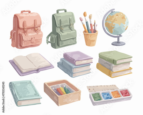 学校や勉強に必要な文房具や教材が描かれたイラスト