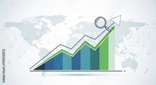 Stock market analysis and growth chart with magnifying glass for business and investment success