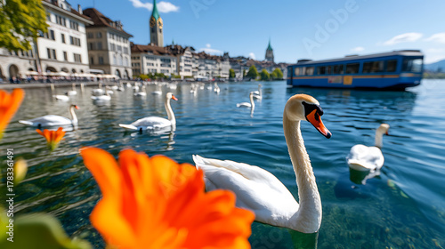 Fototapeta Naklejka Na Ścianę i Meble -  Idyllic lakeside scenery with graceful swans gliding across the serene water, the cityscape providing a picturesque backdrop under a clear blue sky. Serenity defined!