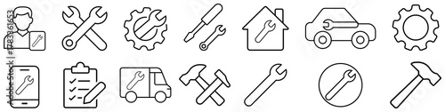 Collection of repair and maintenance line icons including wrench, hammer, gear, car, and home service tools. Perfect for mechanic, handyman, construction. repair, maintenance, tools, vector, icon