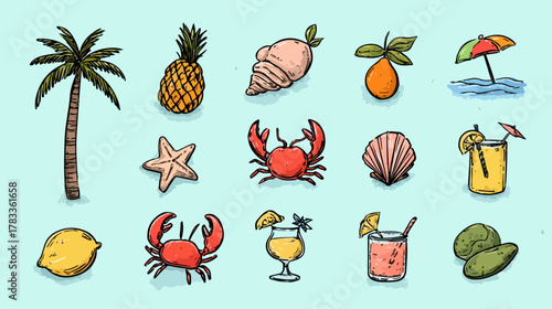 夏らしいトロピカルなアイコンセット。ヤシの木、パイナップル、カニ、カクテルなど。