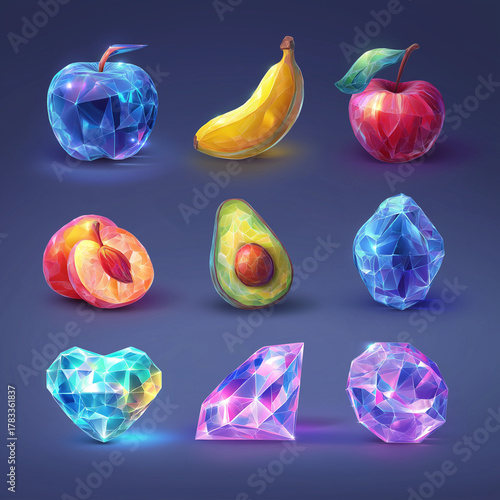 The ui casino slot game cartoon set for mobile gamble interface in app to play. Cute and glossy online spin badge object kit, casino slot game, casino element asset, Illustration