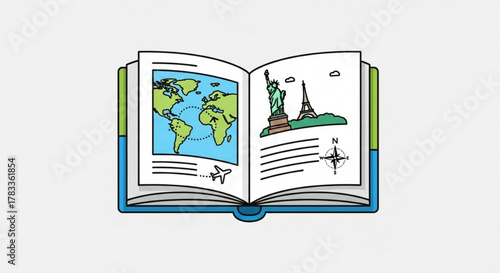 Travel guide book showing world map statue of liberty eiffel tower and compass for trip planning ideas