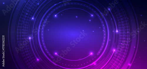 Abstract technology speed lines circles with lighting effect on blue and purple background. Hi tech communication concept.