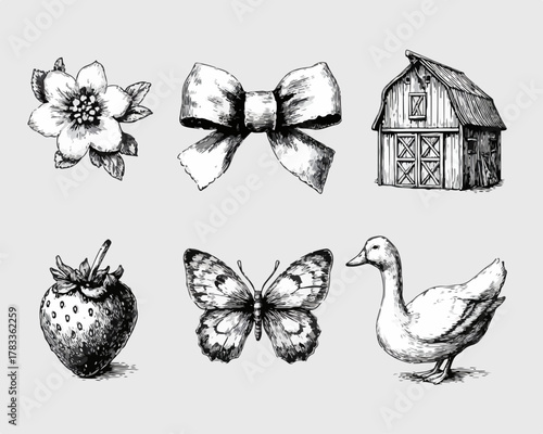 田舎の風景を彩る、手書き風のイラスト素材。花、リボン、納屋、いちご、蝶、アヒル。