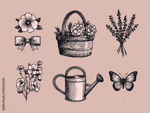 手描きの花、リボン、バケツ、ラベンダー、じょうろ、蝶のイラストセット