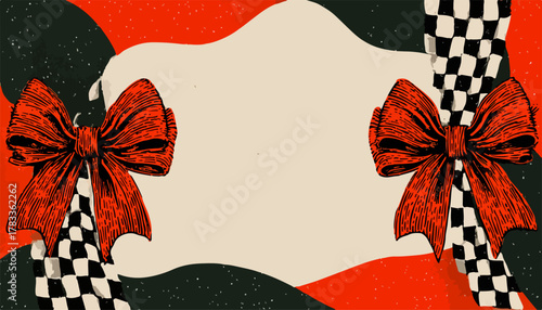 赤と黒の市松模様とリボンで飾られた、クリエイティブなベクター背景デザイン。