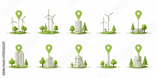 環境に優しい都市開発と再生可能エネルギーの共存を示すベクターイラスト