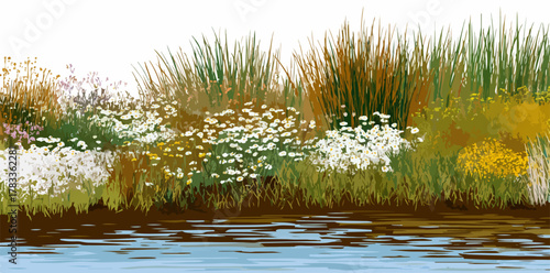 水辺に咲く可憐な野花と草むらが、穏やかな水面に映る自然の風景を描いたベクターイラスト。