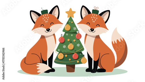 Festive Fox Duo: Two cheerful foxes, adorned with holiday accessories, find joy and happiness, embracing the spirit of the Christmas season. They are celebrating the beauty of the Christmas tree.