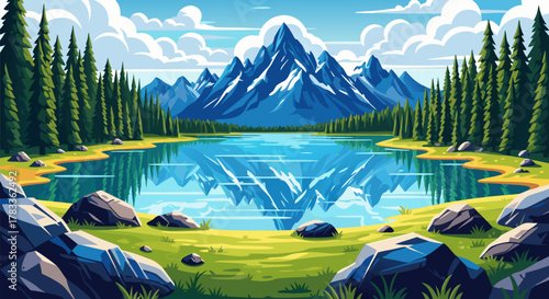 Stylized vector illustration of a majestic mountain range reflected in a tranquil alpine lake surrounded by a pine forest