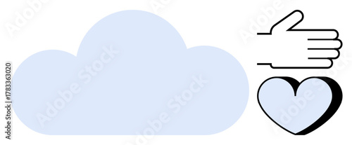 Cloud shape beside a hand and heart emphasizing connection, care, support, sharing, communication, technology, and teamwork. Ideal for community, kindness cloud computing and collaboration themes