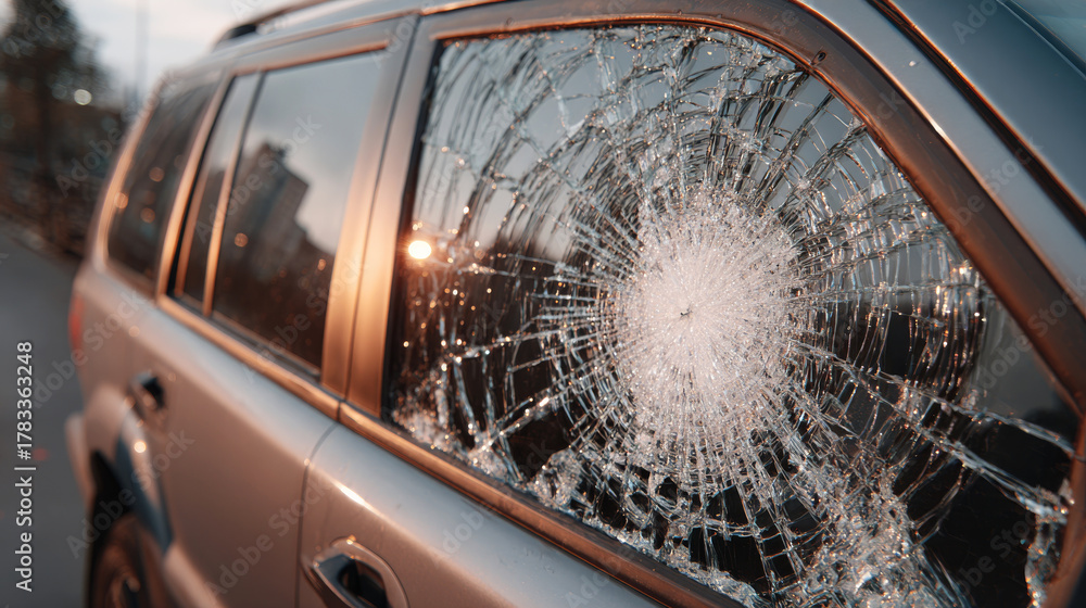 Obraz premium Car side window shattered with impact, showing vehicle damage, crime, security breach, and vandalism