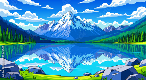Majestic Mountain Reflected in a Serene Lake Under a Cloudy Blue Sky A Breathtaking Natural Landscape Illustration