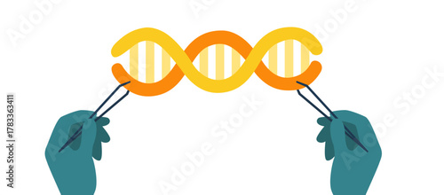 two hands in medical gloves picking up DNA strand
