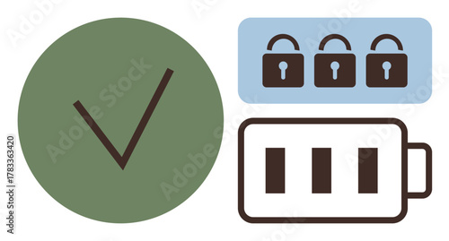 Green checkmark circle, locked padlocks in blue, and battery icon with three bars. Ideal for security, progress, completion, technology, achievement energy modern design. Simple flat metaphor
