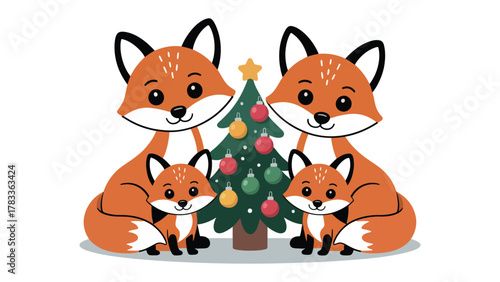 Festive Fox Family: An adorable family of foxes gathers around a decorated Christmas tree, evoking feelings of warmth and joy. A scene of togetherness and festive cheer.