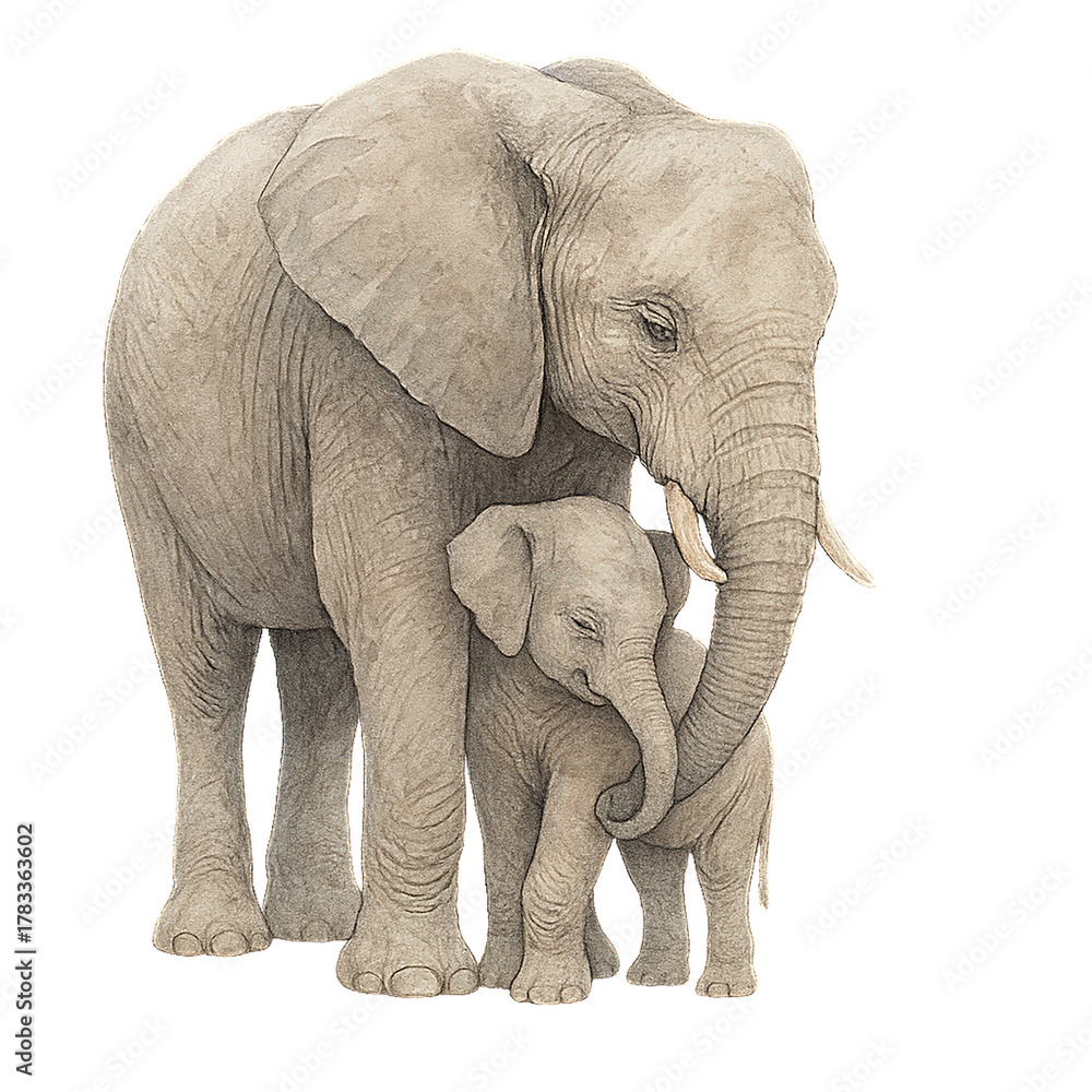 Obraz premium African Elephant Mother Touching Calf with Trunk � Watercolor Isolated