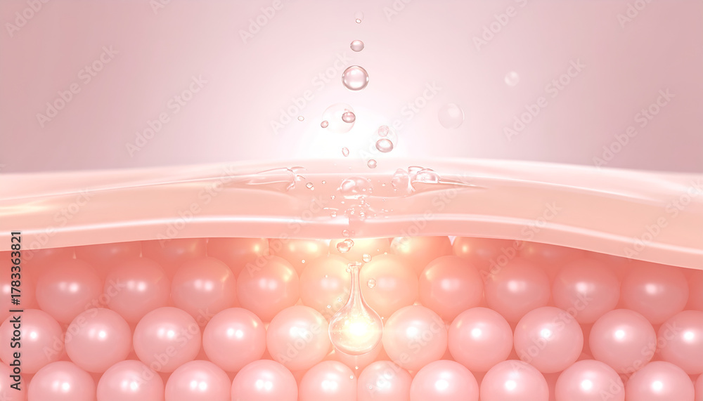 Fototapeta premium Skin care illustration of collagen, skin layers, and moisturizing effect with bubbles