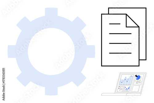 Gear for process automation, stacked documents for documentation, and analytics dashboard for data insights. Ideal for business, productivity, strategy, technology, workflow, planning simple flat
