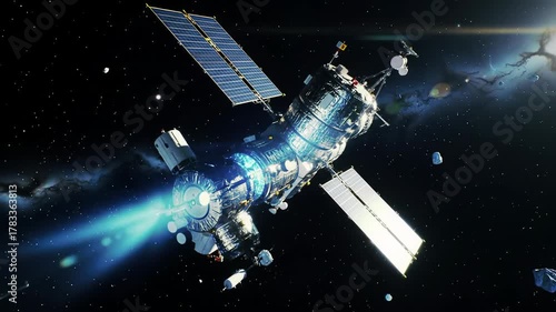 a state-of-the-art communication satellite with intricate solar arrays gracefully rotates in profound deep space, blue/cyan lights illuminate cosmic dust and ice crystals, concept of technological