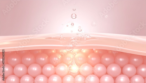 Skin care illustration of collagen, skin layers, and moisturizing effect with bubbles