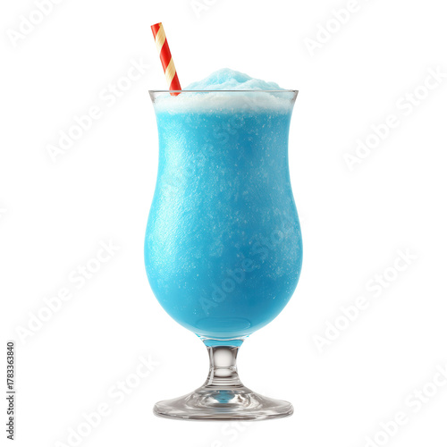 Blue frozen cocktail tropical drink summer refreshment icy beverage served in hurricane glass with striped straw vibrant color party mood isolated on transparency background