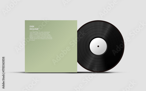 Vinyl disk mockup on white background. Retro old plate record and case mockup 