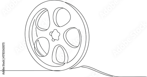 Black and white film reel with trailing film strip