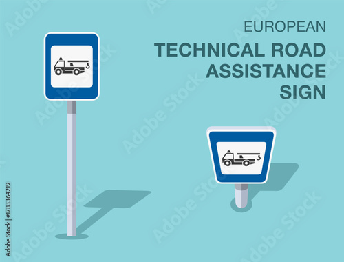 Traffic regulation rules. Isolated european "technical road assistance" road sign. Front and top view. Flat vector illustration template.