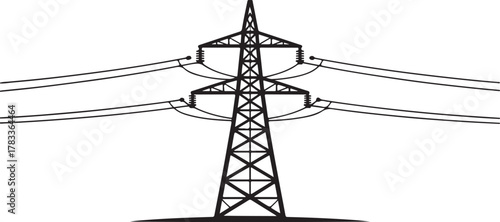 High voltage electricity pylon silhouette on white background