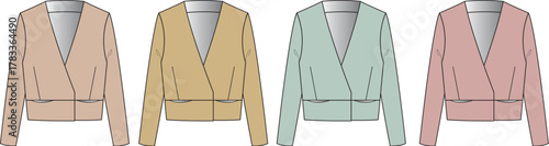Fashion illustrations of women's cropped blazers. A concept collection in soft pastel colors, highlighting modern apparel design and versatile styling for contemporary wardrobes