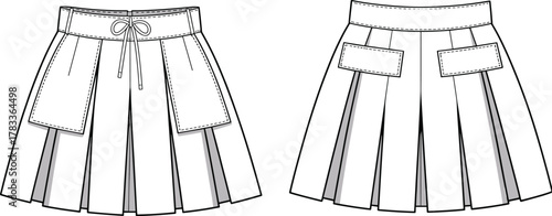 Pleated mini skirt flat vector illustration, fashion CAD drawing front and back view, stylish women skirt template design