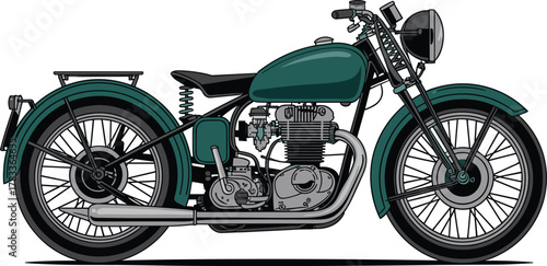 Detailed Vector Illustration of Vintage Classic Motorcycle (Side View)