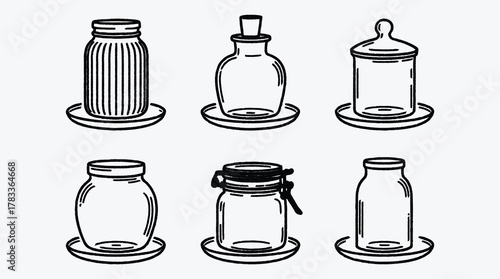 Assorted glass jars and bottles displayed in an artistic line drawing