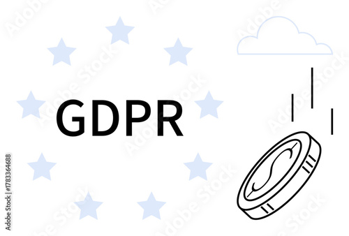 GDPR text surrounded by stars, floating coin and a cloud symbol. Ideal for privacy, data protection, compliance, internet economy, regulation, digital rights transparency. A simple flat metaphor