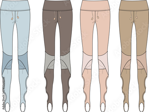 Four pairs of women's stirrup leggings in various color combinations, featuring a comfortable high-waisted design and contrasting fabric panels for a stylish athletic look