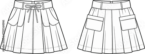 Pleated mini skirt with pockets fashion flat sketch, CAD vector illustration front and back view, stylish women clothing design