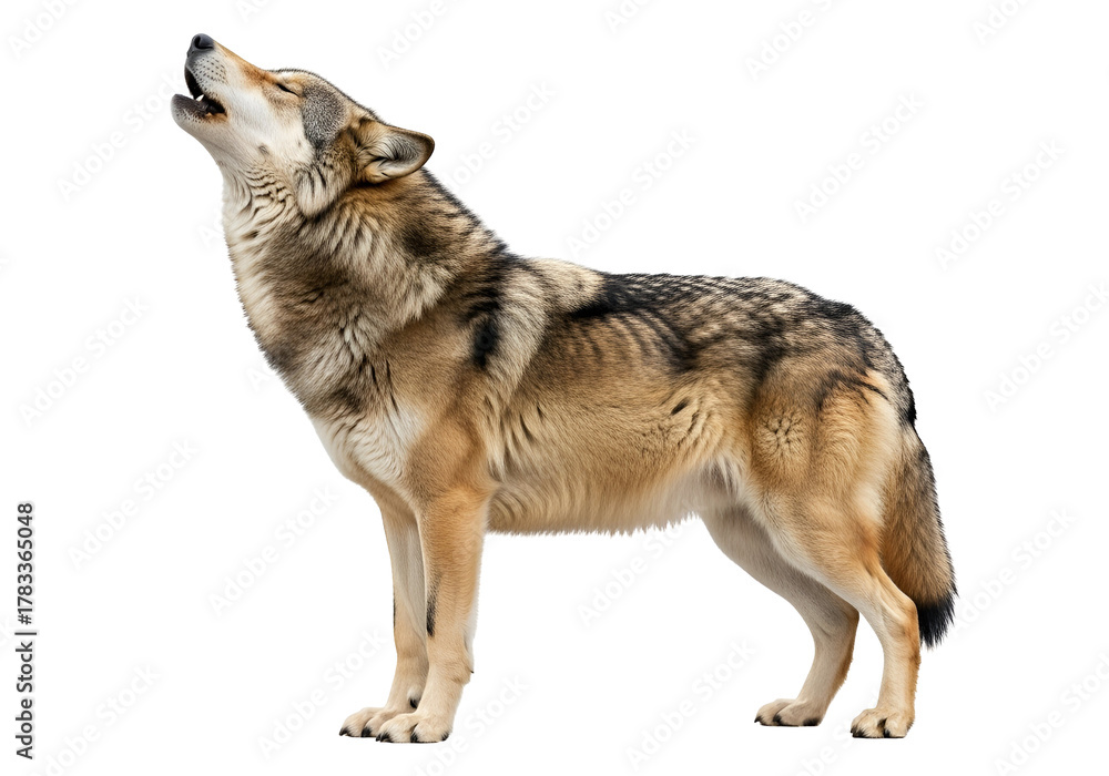 Obraz premium Powerful Gray Wolf Howling, showcasing its beautiful brown and grey fur, standing full body with head uplifted, a majestic wild animal isolated on transparent background for wildlife and nature design