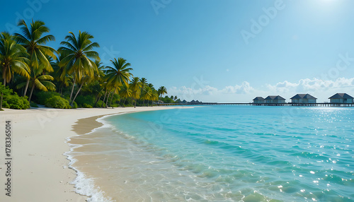 Fototapeta Naklejka Na Ścianę i Meble -  Tropical Maldives Beach with Overwater Villas and Turquoise Lagoon.