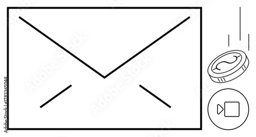 Envelope with coin and video call icon symbolizing digital messaging, money transfer, online collaboration. Ideal for communication, business, finance, technology, remote work, digital services