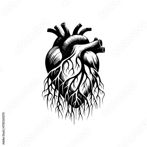 Heart with Roots Vector Illustration – Black and White Line Art Symbolizing Grounded Love, Strength, and Deep Emotional Connection, Minimalist SVG Design