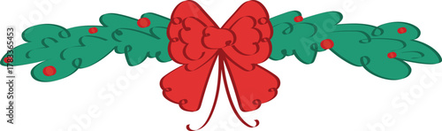 Traditional Christmas garland decoration vector Red holiday bow and green evergreen branches with holly berries Festive simple illustration isolated winter season graphic