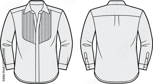 Men’s formal shirt CAD flat vector illustration, front and back technical sketch, fashion apparel design template, garment pattern drawing, clothing mockup